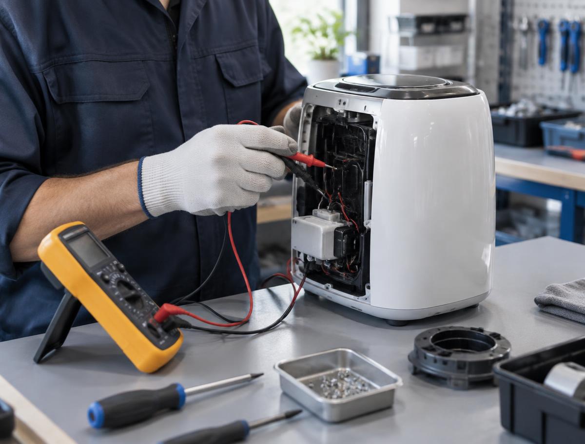 Illustrative technician testing a small appliance at a refurbishment workbench